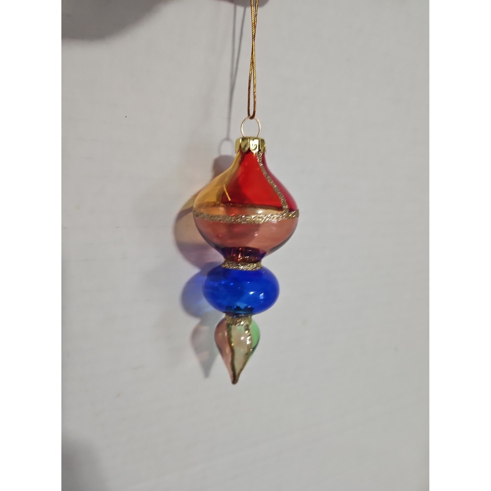 Vtg Avon GLASS TEARDROP CHRISTMAS ORNAMENT RED GREEN BLUE GOLD GLITTER TRIM 4"